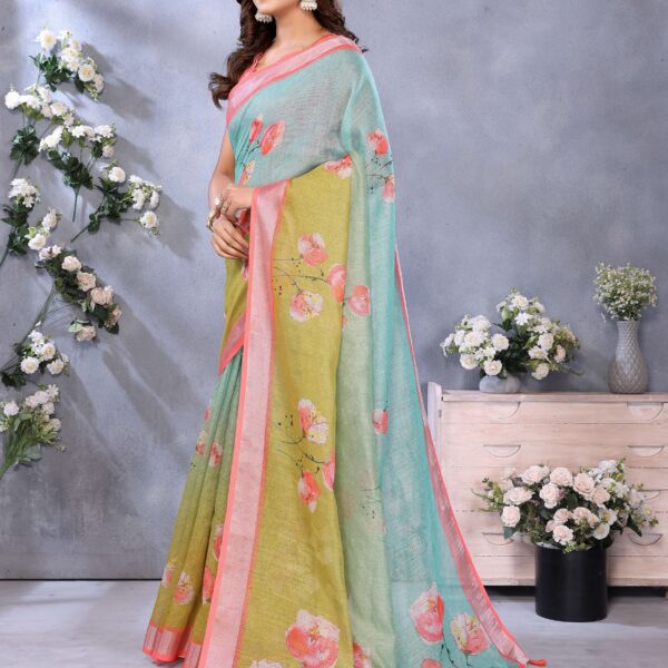 Green & Aqua Floral Print Linen Shimmer Saree