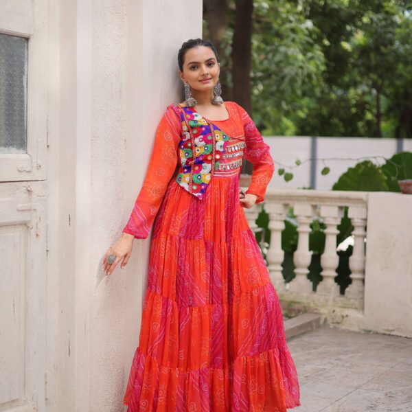 Pink Designer Laheriya & Bandhej Print Navratri Gown with Kutchi Patch Work in Faux Georgette ? Elegant Festive Wear for Women