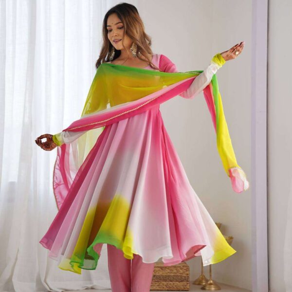 Women's Pure Romansilk Chanderi Tie-Dye Anarkali Kurti Pant With Dupatta Set