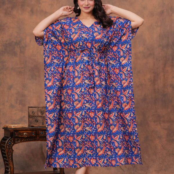 Women's Blue Cotton Printed Kaftan Dress with Drawstring Waist
