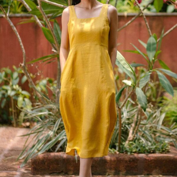 Women's Cotton Solid Pain Sleeveless Midi Dress Stylish Western One Piece Casual Empire Dress  ( Mustard )