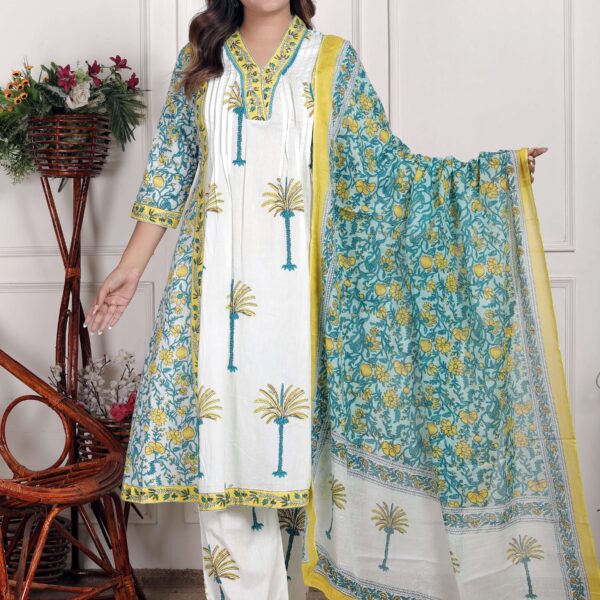 Women's Cotton Printed Straight Kurti With Pant and Dupatta Set (White Aqua Blue)