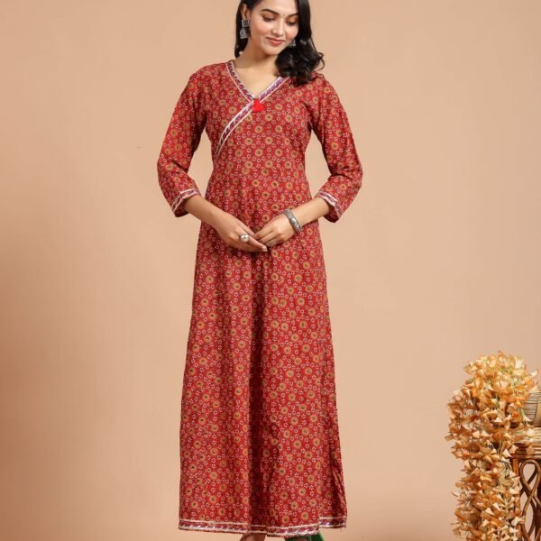 Red Printed Anarkali Maxi Dress with V-Neck & 3/4 Sleeves ? Festive Ethnic Long Dress