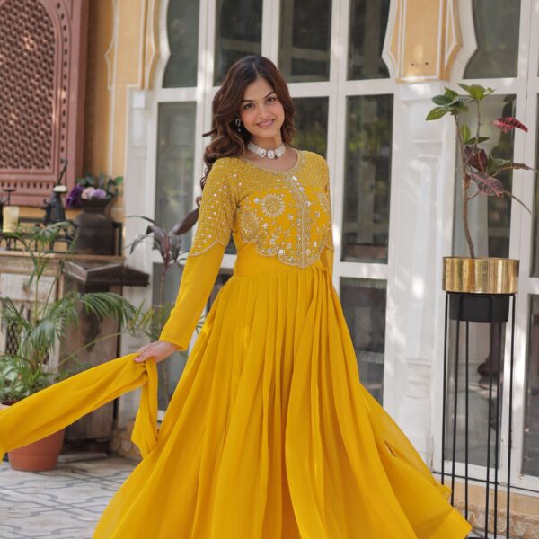 Yellow Premium Faux Blooming Georgette Gown with Dupatta ? Designer Readymade Collection