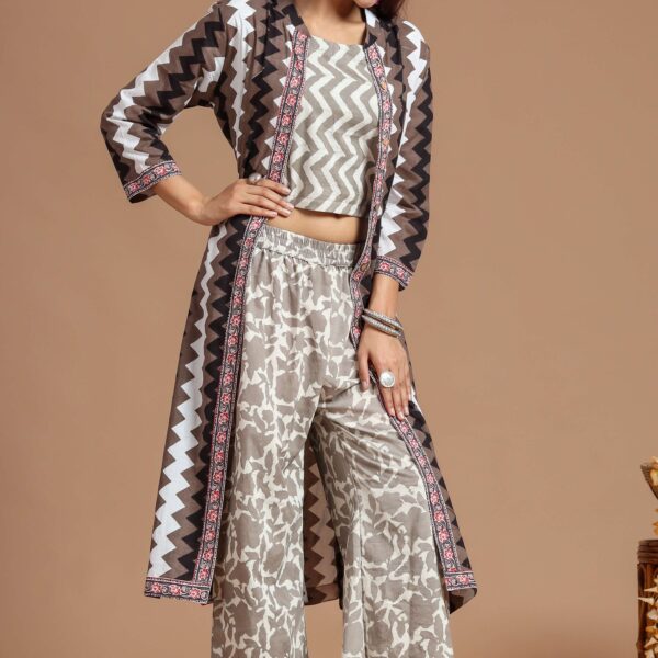 Women's Printed Long Shrug with Crop Top & Floral Print Pant Set