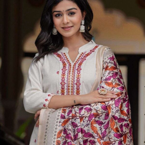 Women's Cotton Embroidered Straight Kurti With Pant and Dupatta Set