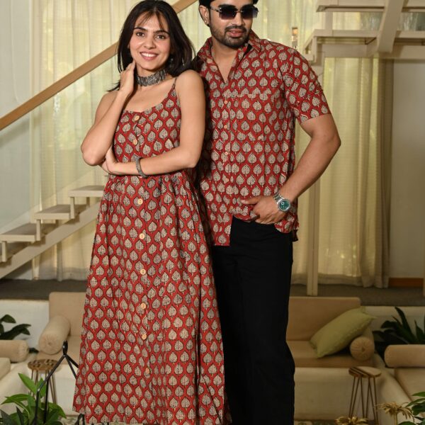 Couple Matching Outfit ? Brick Red & Beige Leaf Print Cotton Midi Dress & Shirt Set, Festive Ethnic Wear