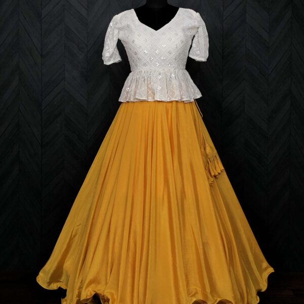 Premium Chinnon Umbrella Flair Lehenga with Chikankari Embroidered Peplum Blouse