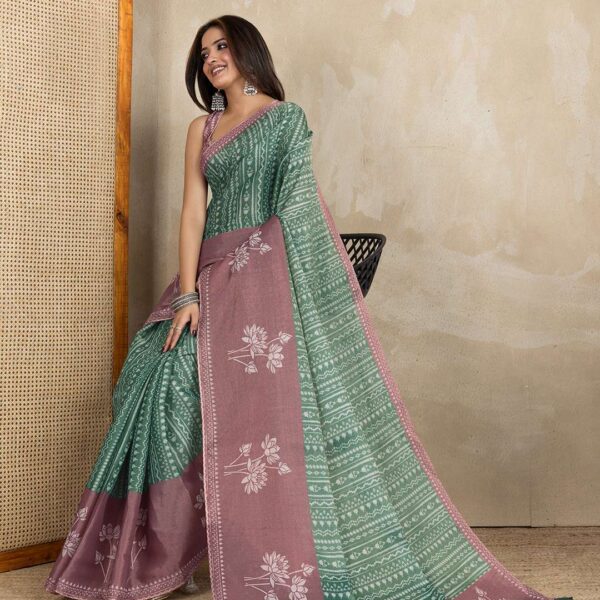 Elegant Teal Green and Mauve Pink Linen Saree with Geometric and Floral Prints