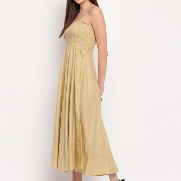 Women's Viscose Rayon Solid Shoulder Straps Sleeveless Flared Gown Drees (Beige)