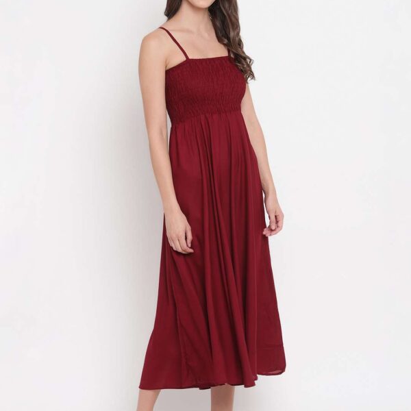 Women's Viscose Rayon Solid Shoulder Straps Sleeveless Flared Gown Drees (Maroon)