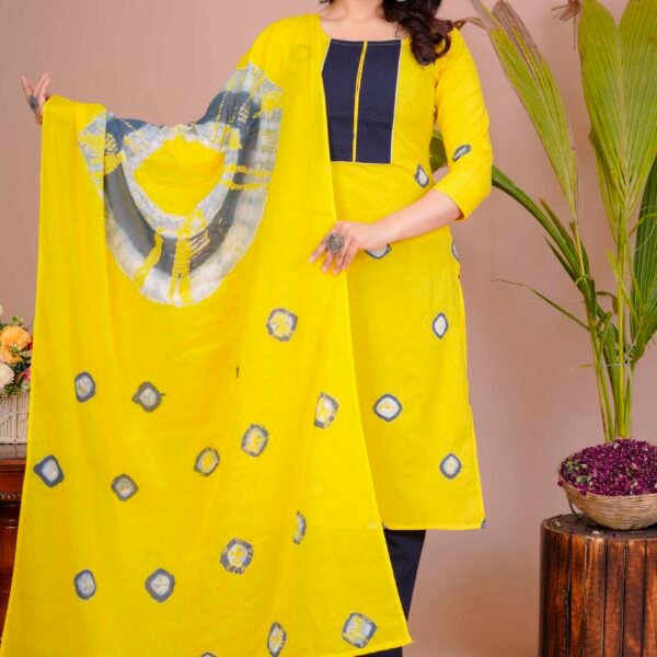 Women's Yellow & Navy Cotton Tie-Dye Straight Kurti with Pant & Dupatta Set