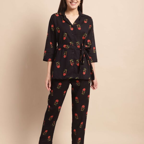 Women's Pure Cotton Printed Collared Top and Pant Co-ord Set (Black Rd)