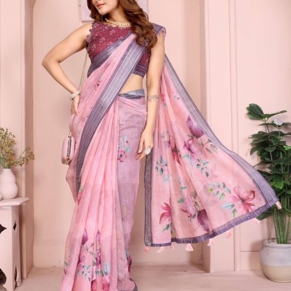 Soft Pink Linen Cotton Saree with Pastel Floral Prints & Navy Tassel Border