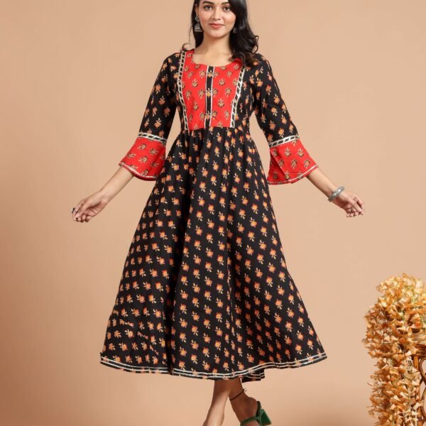 Black Red Printed Flared Maxi Dress with Bell Sleeves & Square Neck