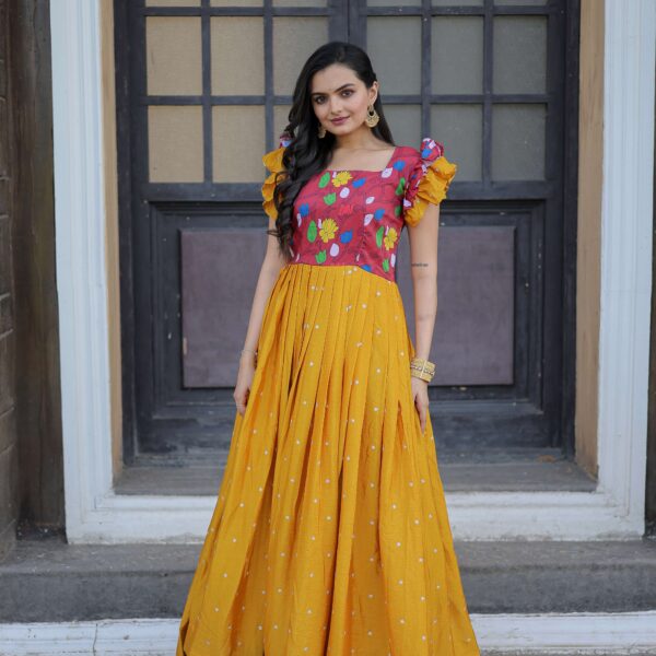 Yellow Maslin & Chinon Designer Gown with Embroidery ? Elegant Ready-to-Wear Women?s Dress