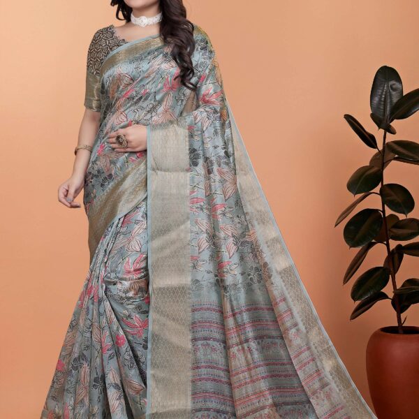 Soft Blue-Green Floral Printed Silk Saree with Zari Border
