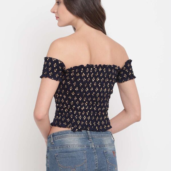 Women's Rayon Printed Off-Shoulder Smocked Crop Top Short Sleeve Casual Styles Tank Top (FREE SIZE) Multi12