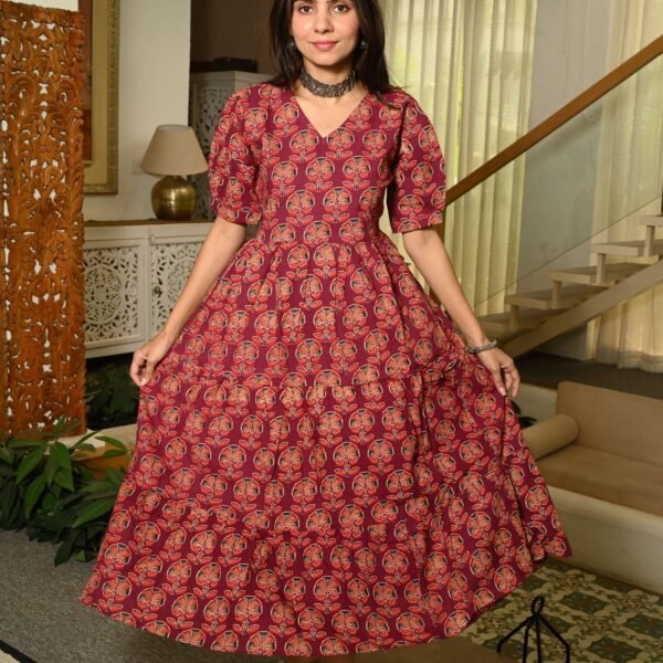Red Floral Printed Cotton Anarkali Maxi Dress with Puff Sleeves Elegant Casual Wear