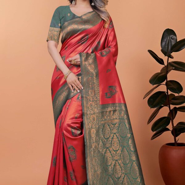 Red & Bottle Green Banarasi Silk Saree with Antique Gold Zari | Traditional Wedding & Festive Saree with Rich Pallu