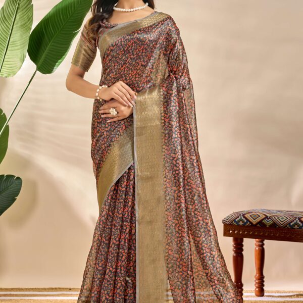 Elegant Soft Silk Blend Saree with Floral Print and Zari Border