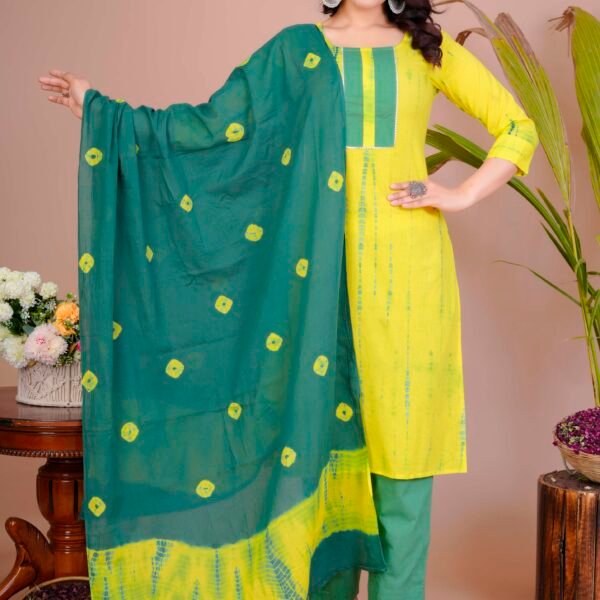 Women's Yellow & Green Cotton Tie-Dye Straight Kurti with Pant & Dupatta Set