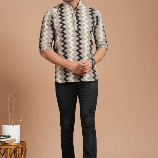 Men's Cotton Grey Zigzag Printed Kurta ? Casual & Festive Daily Wear