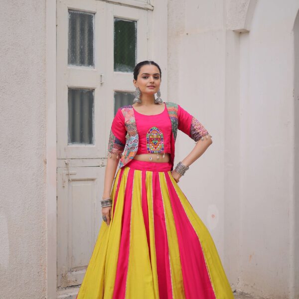 Roman Fabric Maslin Crochet Navratri Lehenga Choli Set