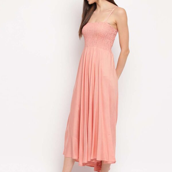 Women's Viscose Rayon Solid Shoulder Straps Sleeveless Flared Gown Drees (Peach)