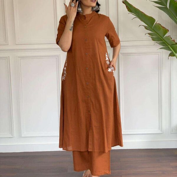 Women's Cotton Embroiderd Long A-Line Kurti with Palazzo