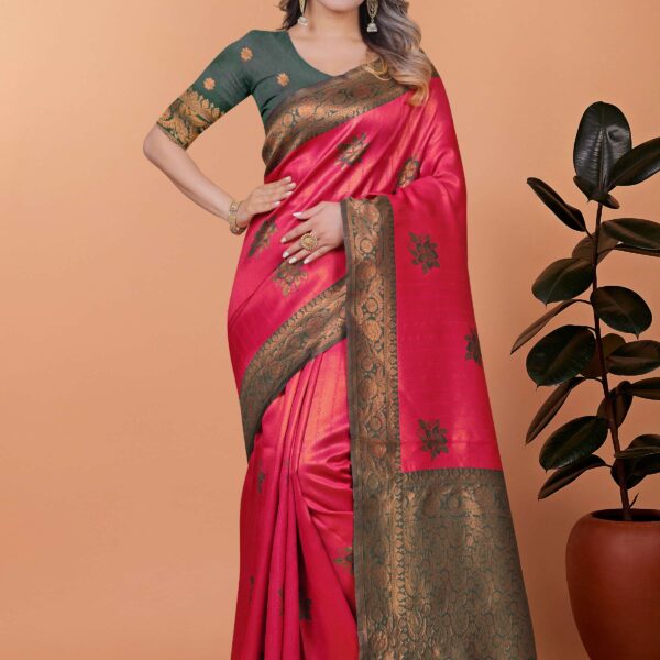 Rose Ruby Banarasi Silk Saree with Antique Green Zari Work & Blouse | Wedding, Festive, Engagement & Party Wear