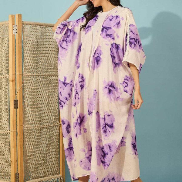 Women's Cotton Tie Dye Print Full Length Kaftan Drees Beach Cover Up, Spring Casual Wear ( Brown )