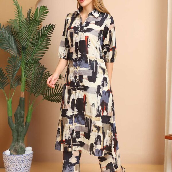 Women's Pure Cotton Printed Collared Top and Pant Co-ord Set (Multti Color6)