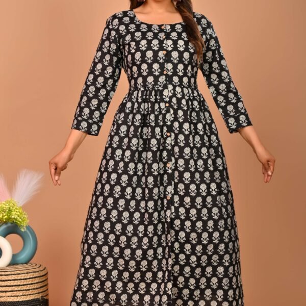 Black Floral Printed A-Line Midi Dress with 3/4th Sleeves ? Elegant Casual & Party Wear