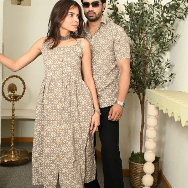 Couple Matching Outfit ? Beige Cotton Swirl Print Midi Dress & Shirt Set, Casual Summer Wear