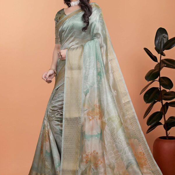 Pastel Green Soft Silk Saree with Floral Digital Print & Golden Zari Border