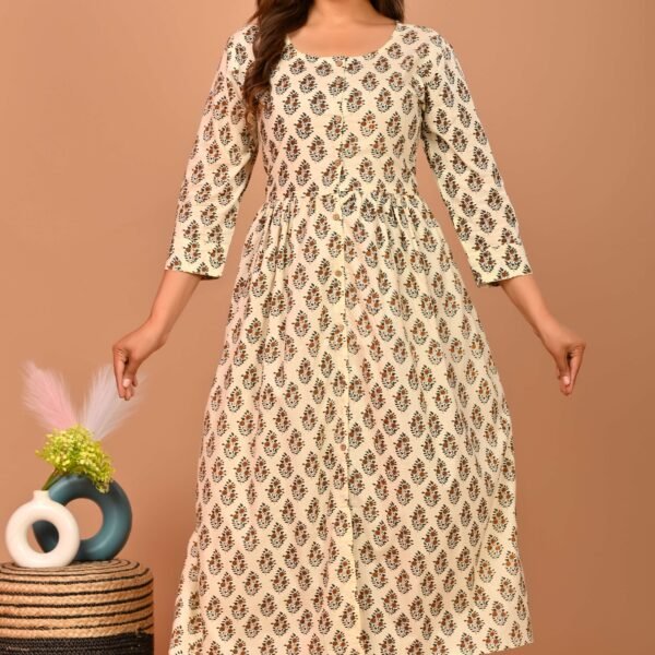 Cream Color Floral Printed A-Line Midi Dress with 3/4th Sleeves ? Elegant Casual & Party Wear
