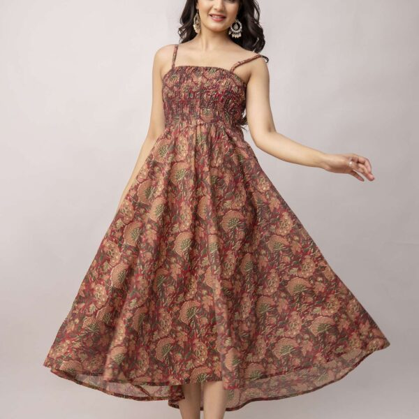 Women's Silk Printed Shoulder Straps Sleeveless Anarkali Gown Drees