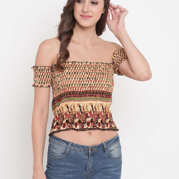 Women's Rayon Printed Off-Shoulder Smocked Crop Top Short Sleeve Casual Styles Tank Top (FREE SIZE) Multi4