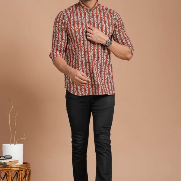 Men's Cotton Red & Beige Striped Printed Kurta ? Casual & Festive Wear