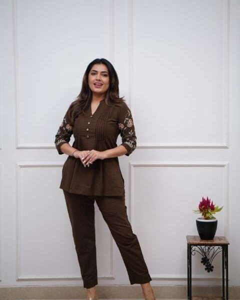 Women's Cotton Embroidery Straight Short kurti With Pant set