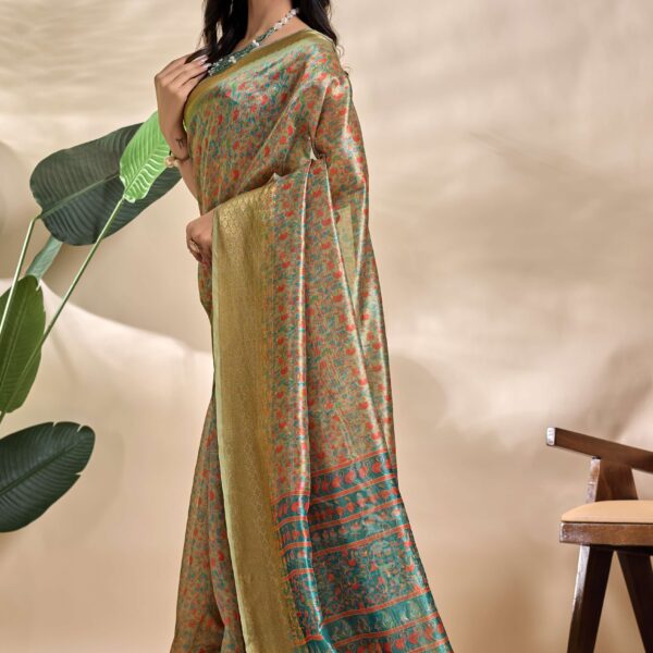 Olive-Green Soft Silk Blend Saree with Traditional Pallu & Floral Body