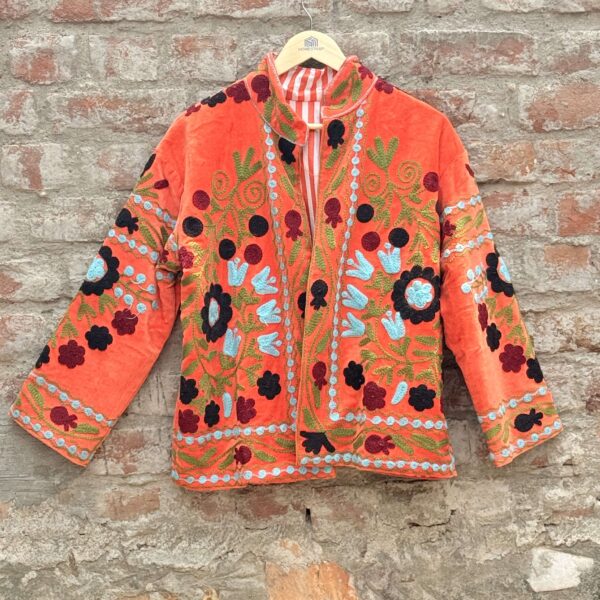 Womens Orange Velvet Embroidered Jacket with Floral Design