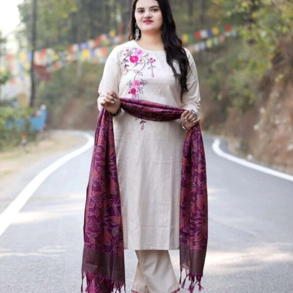 Women's Cotton Floral Printed Straight Kurti with Pant and Dupatta Set