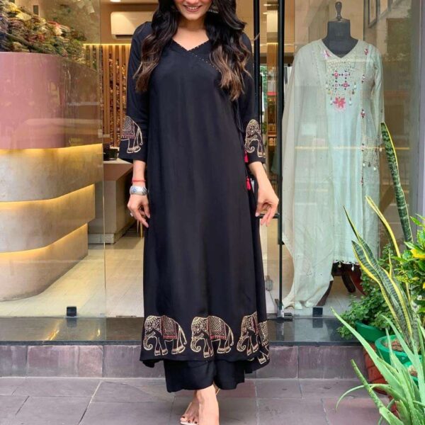 Women's Rayon Embroidered Straight Kurti With Pant Set