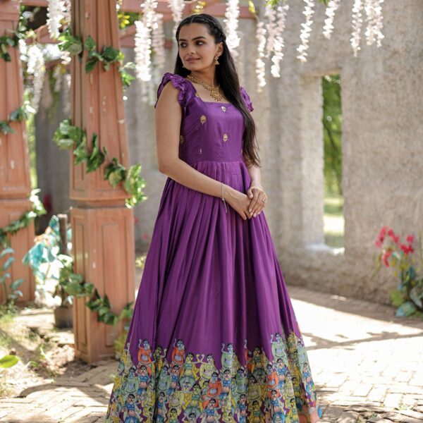 Wine Designer Dola Silk Printed Gown ? Sleeveless Fancy Square Neck Ready-to-Wear Dress