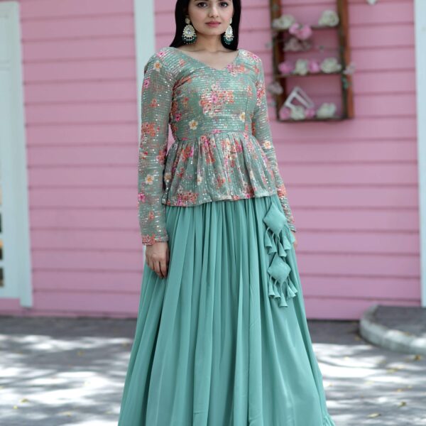 Premium Faux Georgette Lehenga with Floral Print & Sequins Embroidered Blouse
