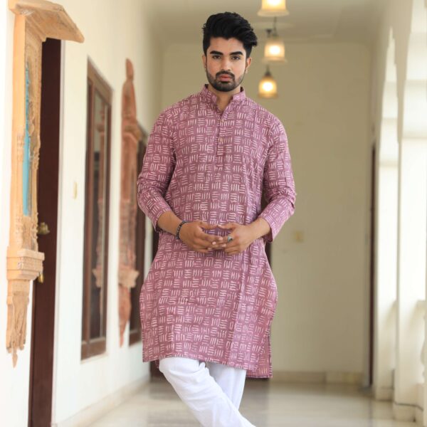 Mens Maroon Printed Cotton Kurta with White Pajama ? Traditional Ethnic Wear for Festive & Wedding