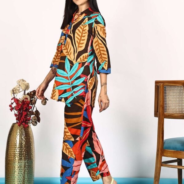 Women's Pure Cotton Printed Collared Top and Pant Co-ord Set (Multti Color1)