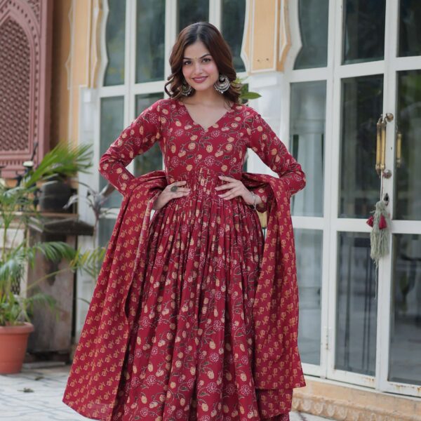 Maroon Premium Cotton Gown with Pant & Dupatta Set